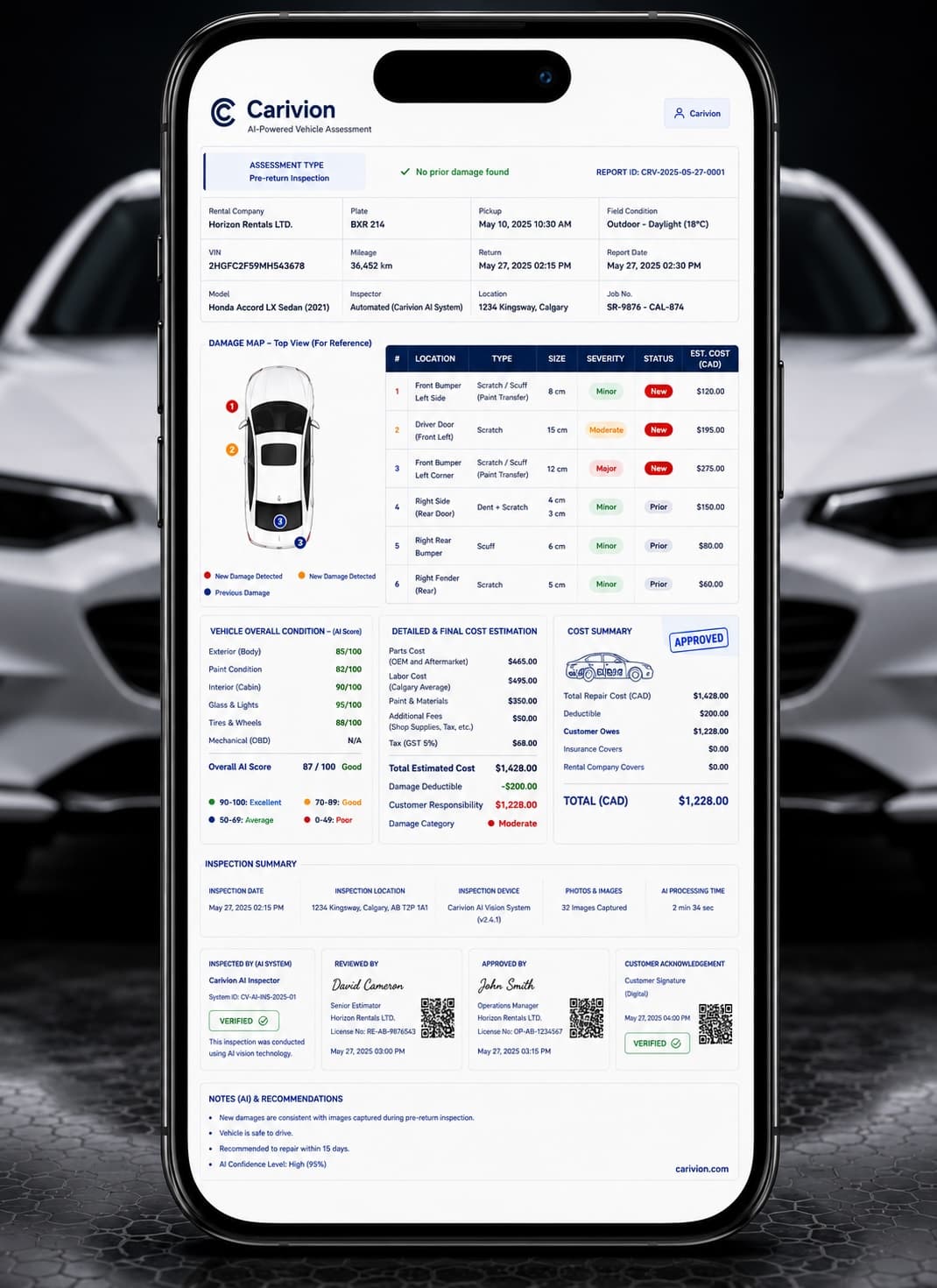 A Carivion vehicle condition report shown in the mobile app, with a damage map, itemized findings, and a repair cost estimate.