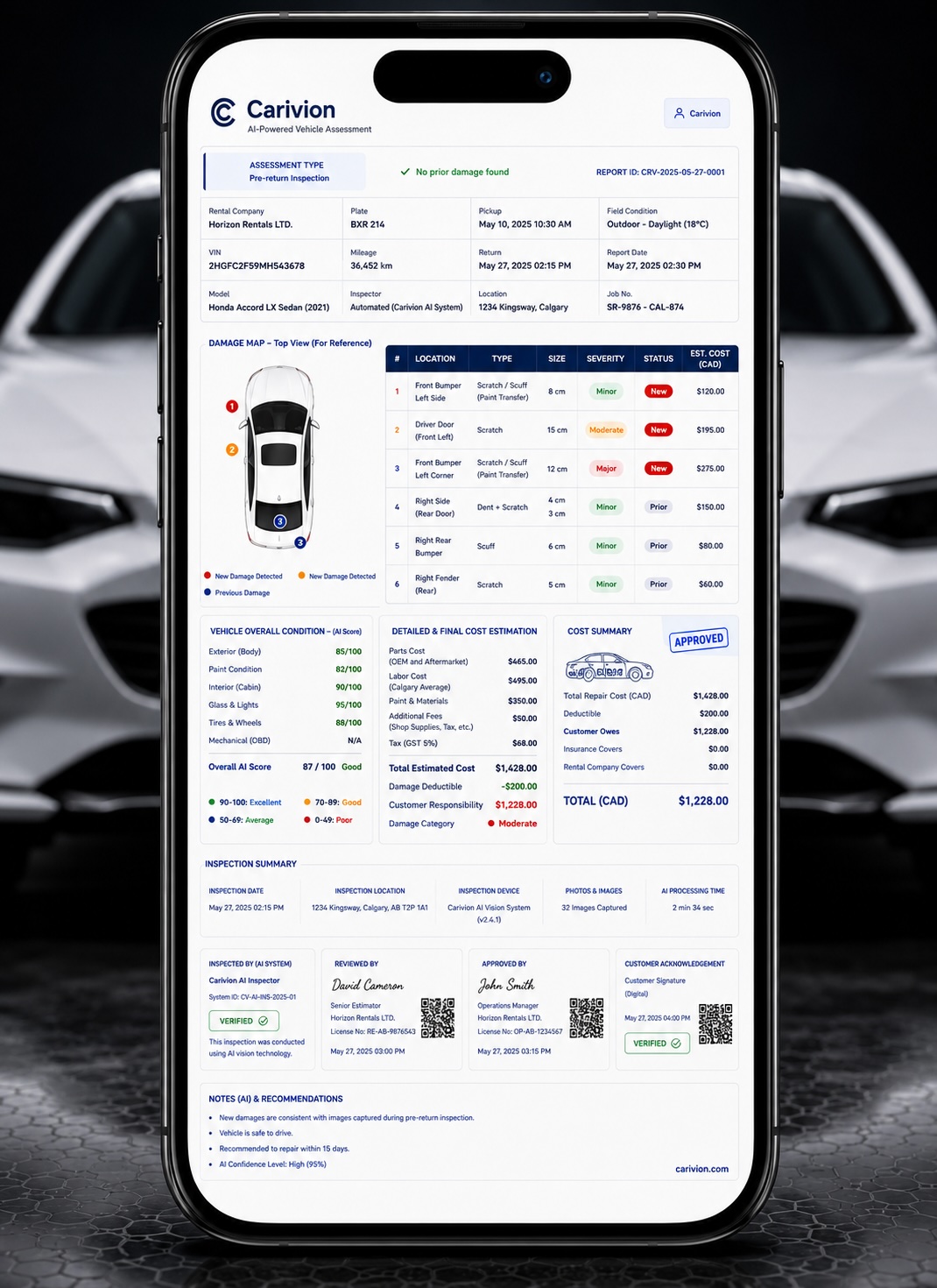 A Carivion vehicle condition report shown in the mobile app, with a damage map, itemized findings, and a repair cost estimate.
